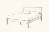 Pencil sketch of the Civitella bed with a mattress and two pillows, drawn from the same three-quarter view