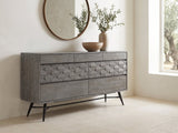 Codroipo 61-Inch Gray Acacia Honeycomb Dresser under a round bronze mirror in a villa bedroom