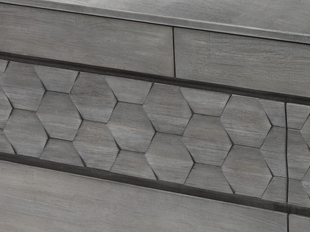 Close-up of the Codroipo 61-Inch Gray Acacia Honeycomb Dresser: honeycomb