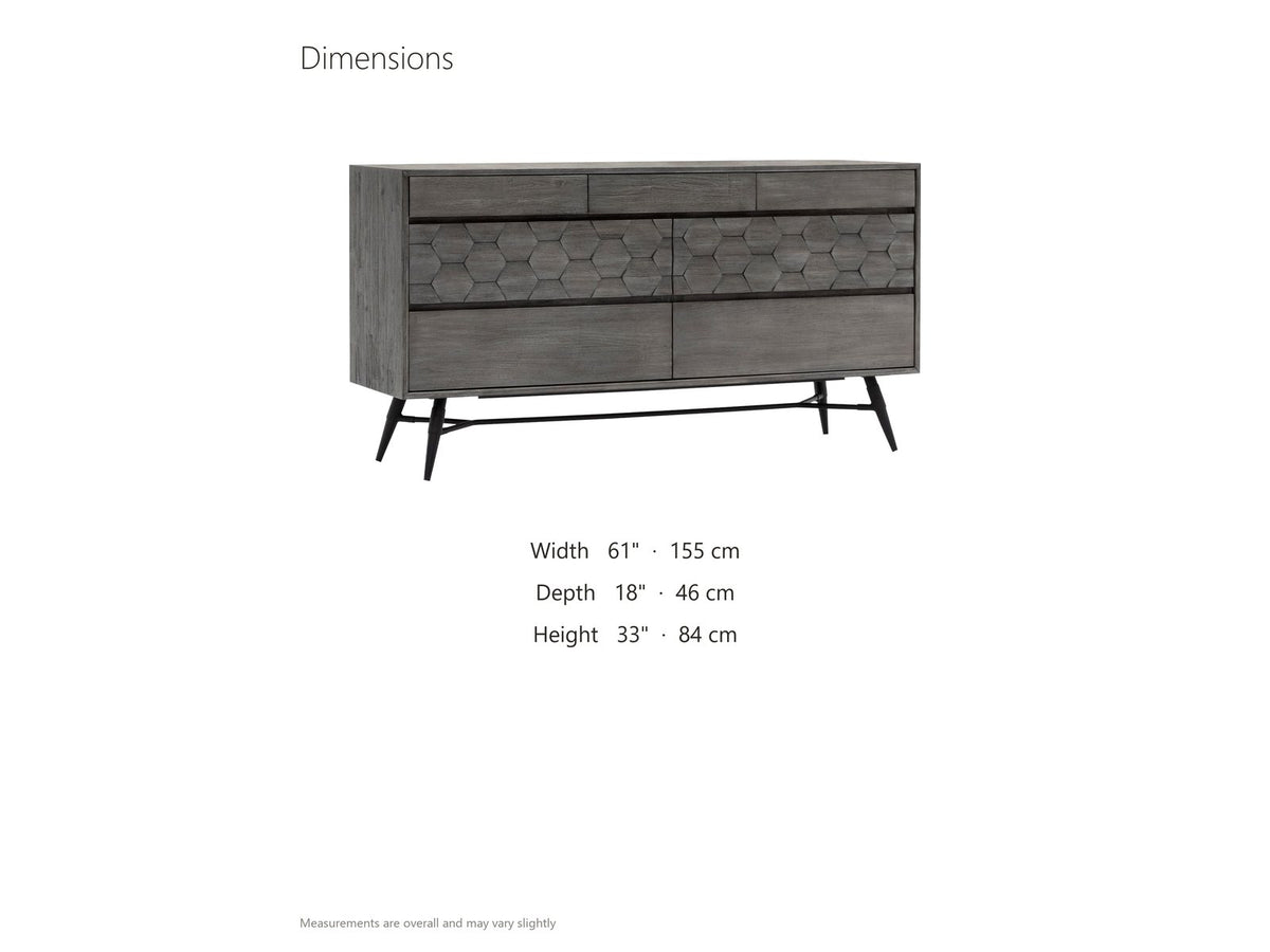 Codroipo 61-Inch Gray Acacia Honeycomb Dresser dimensions: 61.0 in wide, 18.0 in deep, 33.0 in high