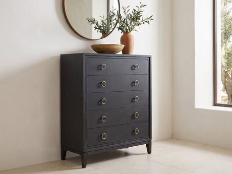 Cologna 40-Inch Peppercorn 5-Drawer Chest under a round bronze mirror in a villa bedroom