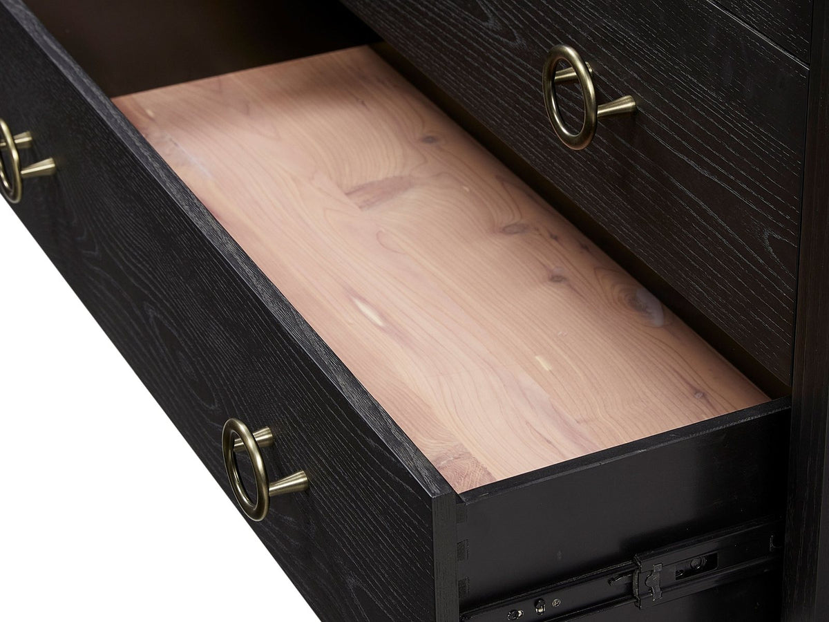 Close-up of the Cologna 40-Inch Peppercorn 5-Drawer Chest: wire-brushed elm veneer in a peppercorn finish grain