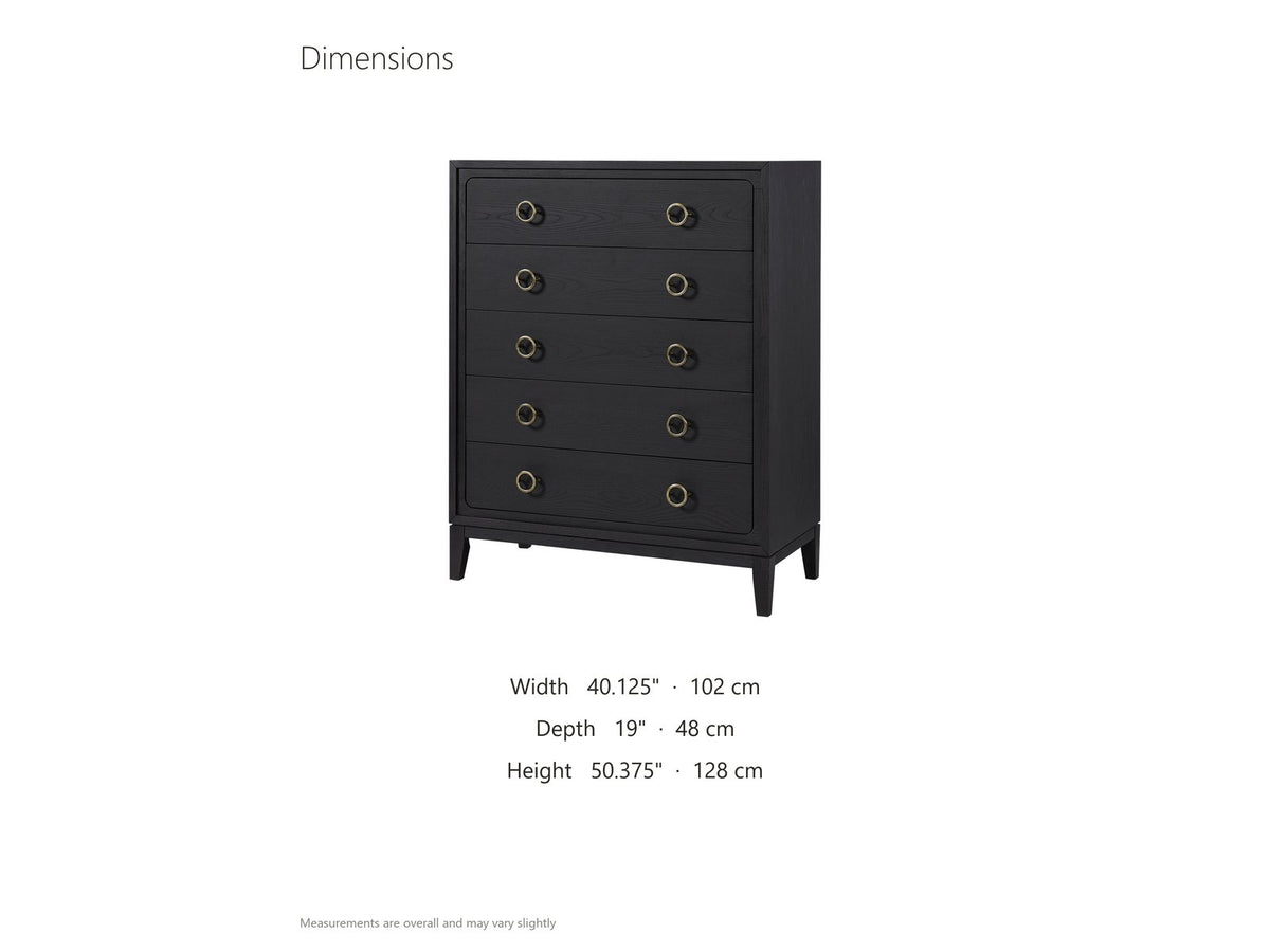 Cologna 40-Inch Peppercorn 5-Drawer Chest dimensions: 40.125 in wide, 19.0 in deep, 50.375 in high