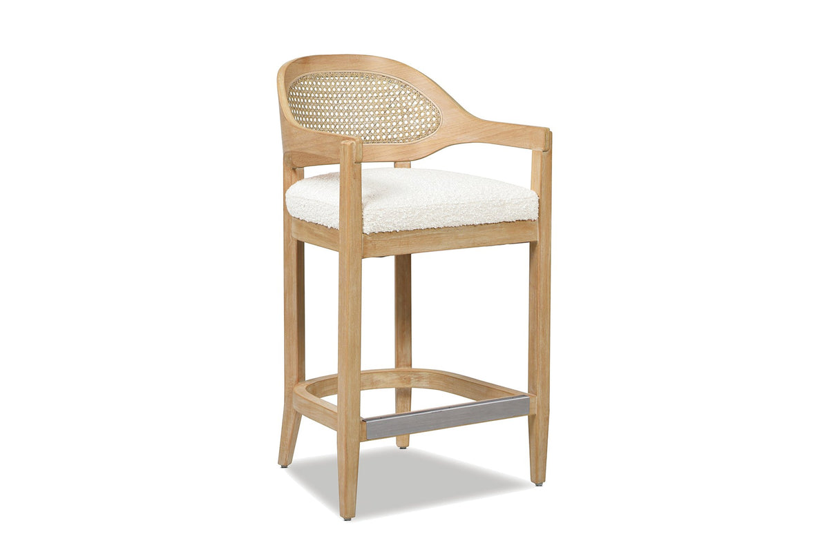 Conflenti 26-Inch Cane-Back Oak Counter Stool, Ivory Boucle on a white background
