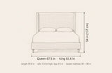 Conversano bed dimensions: Queen 67.5 in and King 83.6 in wide, 54 in high, 85.8 in long, rails 12.8 in high with 4.5 in legs
