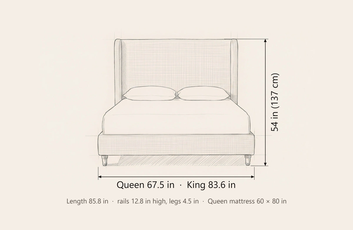 Conversano bed dimensions: Queen 67.5 in and King 83.6 in wide, 54 in high, 85.8 in long, rails 12.8 in high with 4.5 in legs