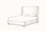 Pencil sketch of the Conversano bed with a mattress and two pillows, drawn from the same three-quarter view