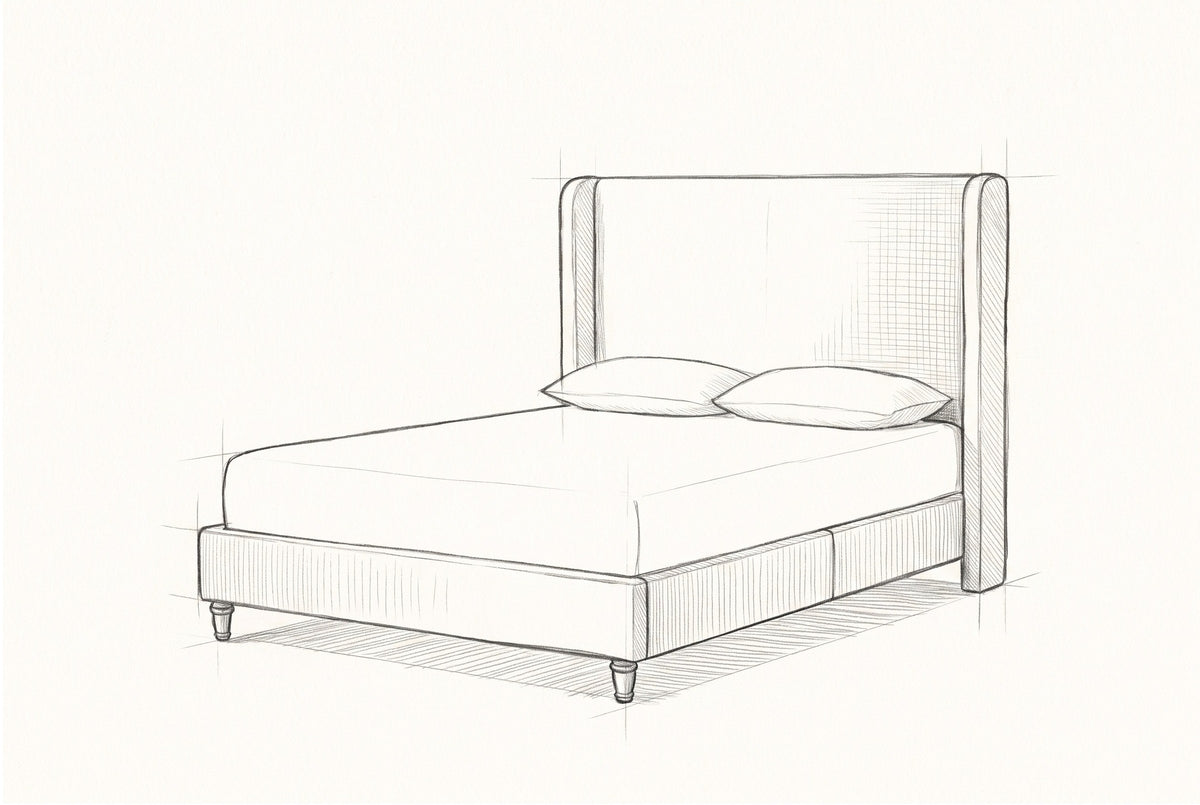 Pencil sketch of the Conversano bed with a mattress and two pillows, drawn from the same three-quarter view