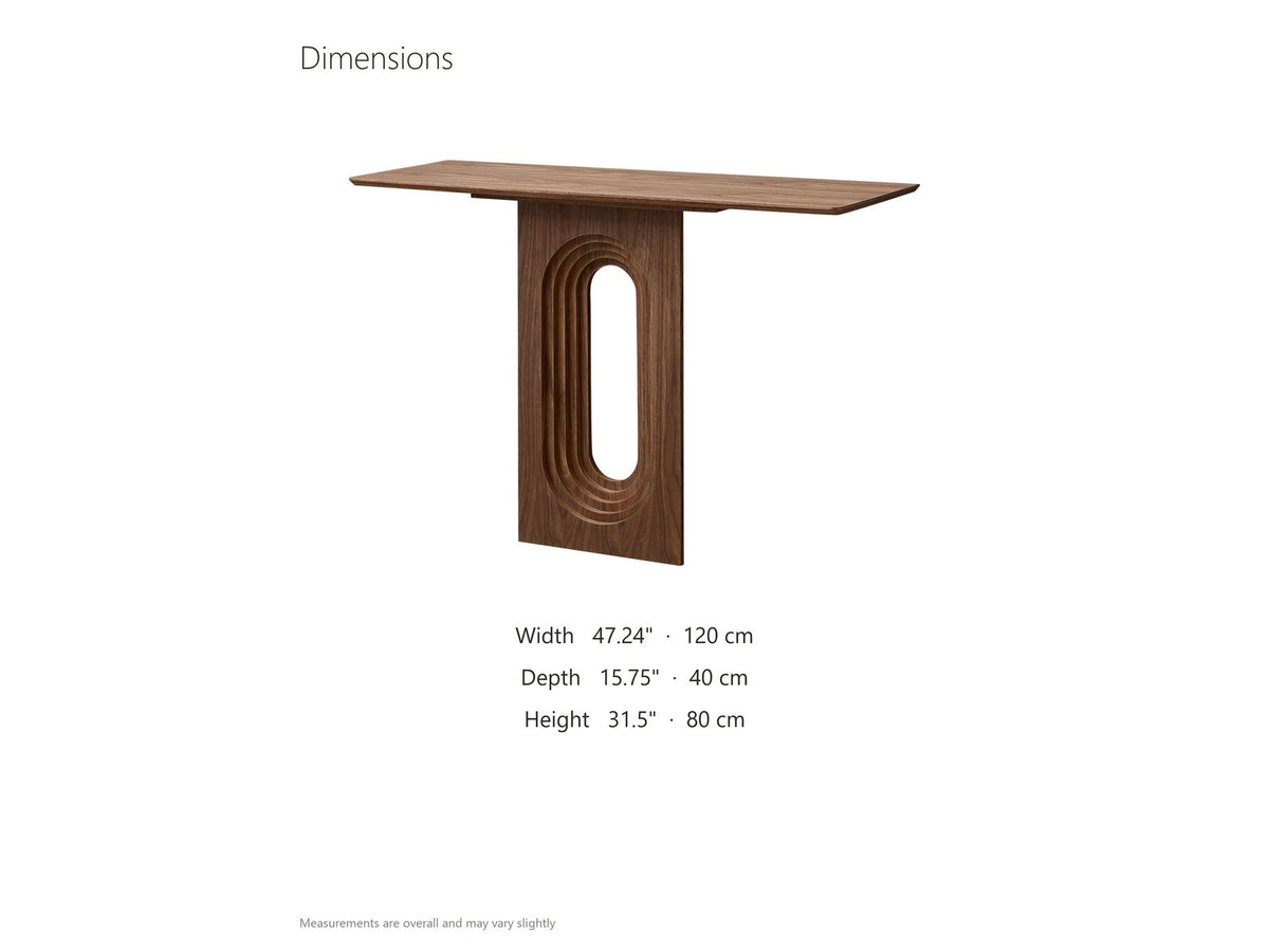 Corato Walnut Veneer Pedestal Console Table dimensions: 47.24 in wide, 15.75 in deep, 31.5 in high
