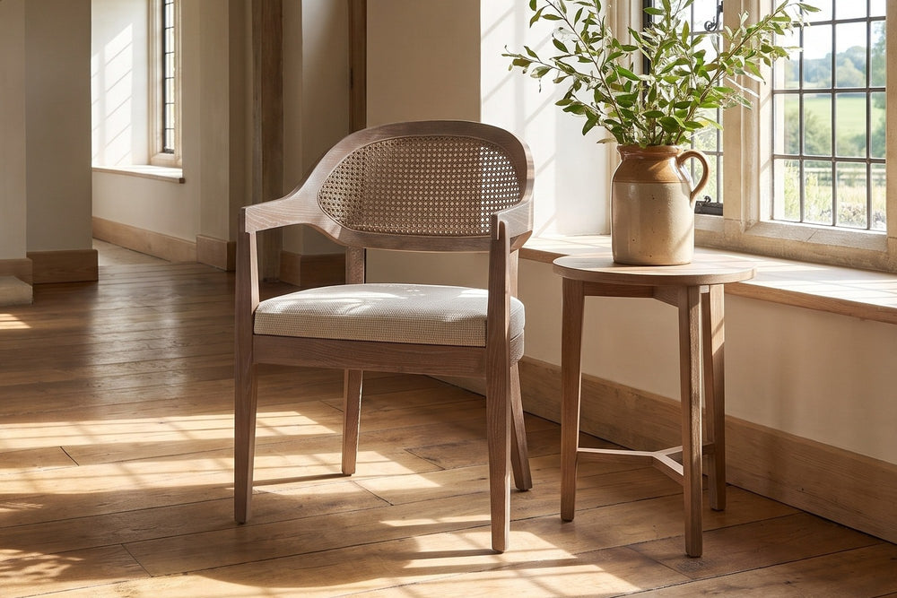 Corigliano Cane-Back Solid Oak Dining Chair in an English country dining room