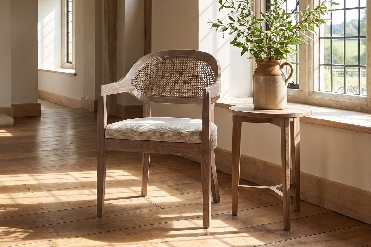 Corigliano Cane-Back Solid Oak Dining Chair in an English country dining room