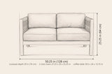 Corleone loveseat dimensions: 50.25 in wide and 25.25 in high, with the club chair and coffee table sizes below