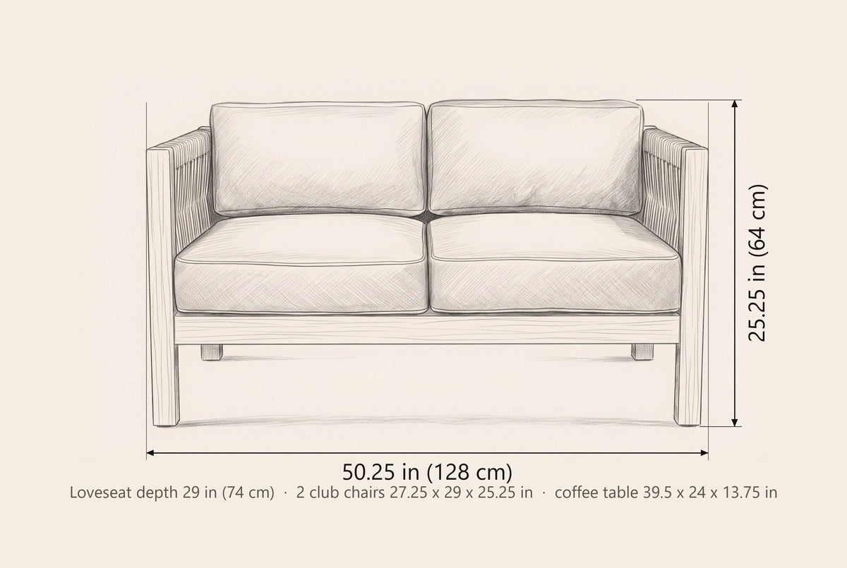 Corleone loveseat dimensions: 50.25 in wide and 25.25 in high, with the club chair and coffee table sizes below