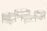 Pencil sketch of the Corleone loveseat, club chairs and coffee table, three-quarter view