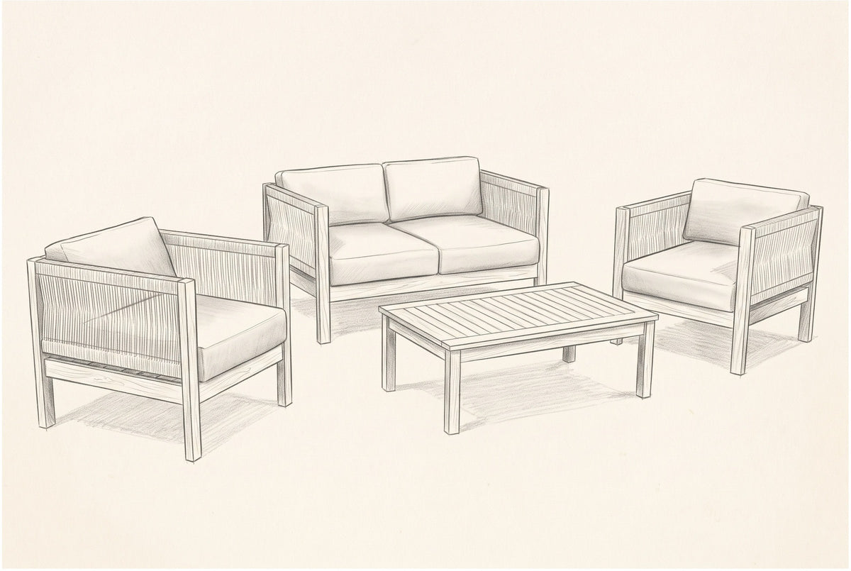 Pencil sketch of the Corleone loveseat, club chairs and coffee table, three-quarter view