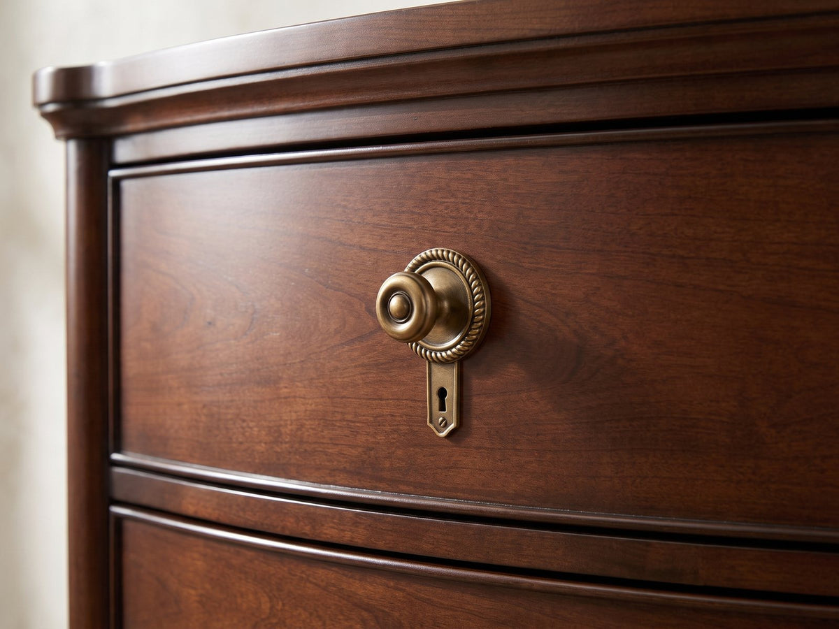 Close-up of the Cormons 66-Inch Dark Cherry and Burl 9-Drawer Dresser: the antique-brass knob on a beaded rosette above a drop keyhole escutcheon