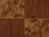 Close-up of the Cormons 66-Inch Dark Cherry and Burl 9-Drawer Dresser: the patchwork of poplar burl and cherry veneer on the centre drawers