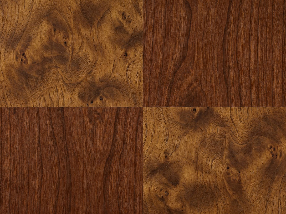 Close-up of the Cormons 66-Inch Dark Cherry and Burl 9-Drawer Dresser: the patchwork of poplar burl and cherry veneer on the centre drawers