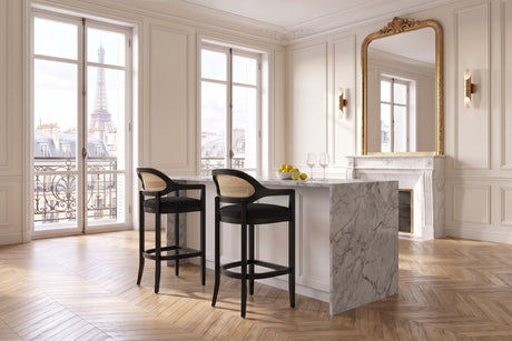 Cortale 30.5-Inch Cane-Back Black Oak Bar Stool in a Paris salon