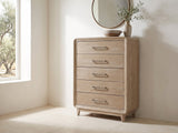 Cortina 40-Inch Natural Oak 5-Drawer Chest under a round bronze mirror in a villa bedroom