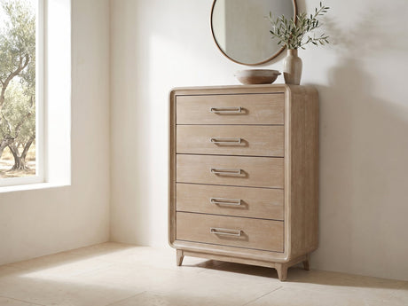 Cortina 40-Inch Natural Oak 5-Drawer Chest under a round bronze mirror in a villa bedroom
