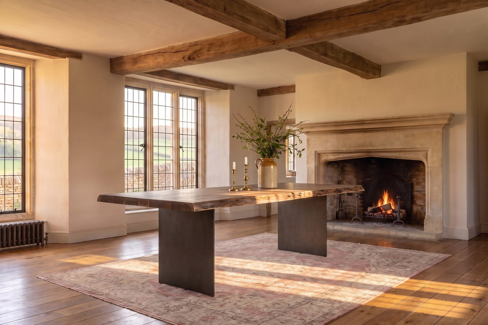 Cropalati 94-Inch Live-Edge Solid Acacia Dining Table in an English country dining room