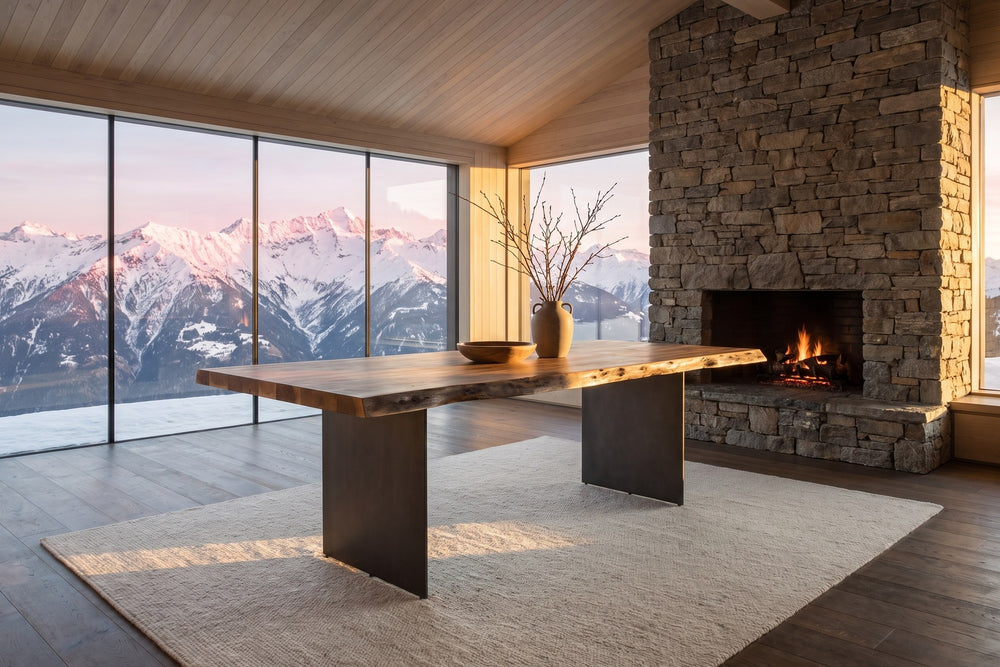 Cropalati 94-Inch Live-Edge Solid Acacia Dining Table in an alpine chalet
