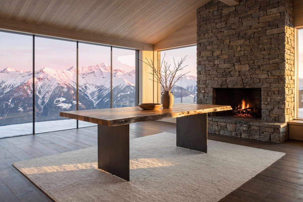Cropalati 94-Inch Live-Edge Solid Acacia Dining Table in an alpine chalet