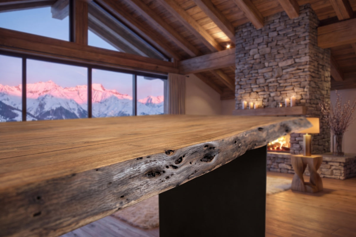 Close-up of the Cropalati 94-Inch Live-Edge Solid Acacia Dining Table: live edge