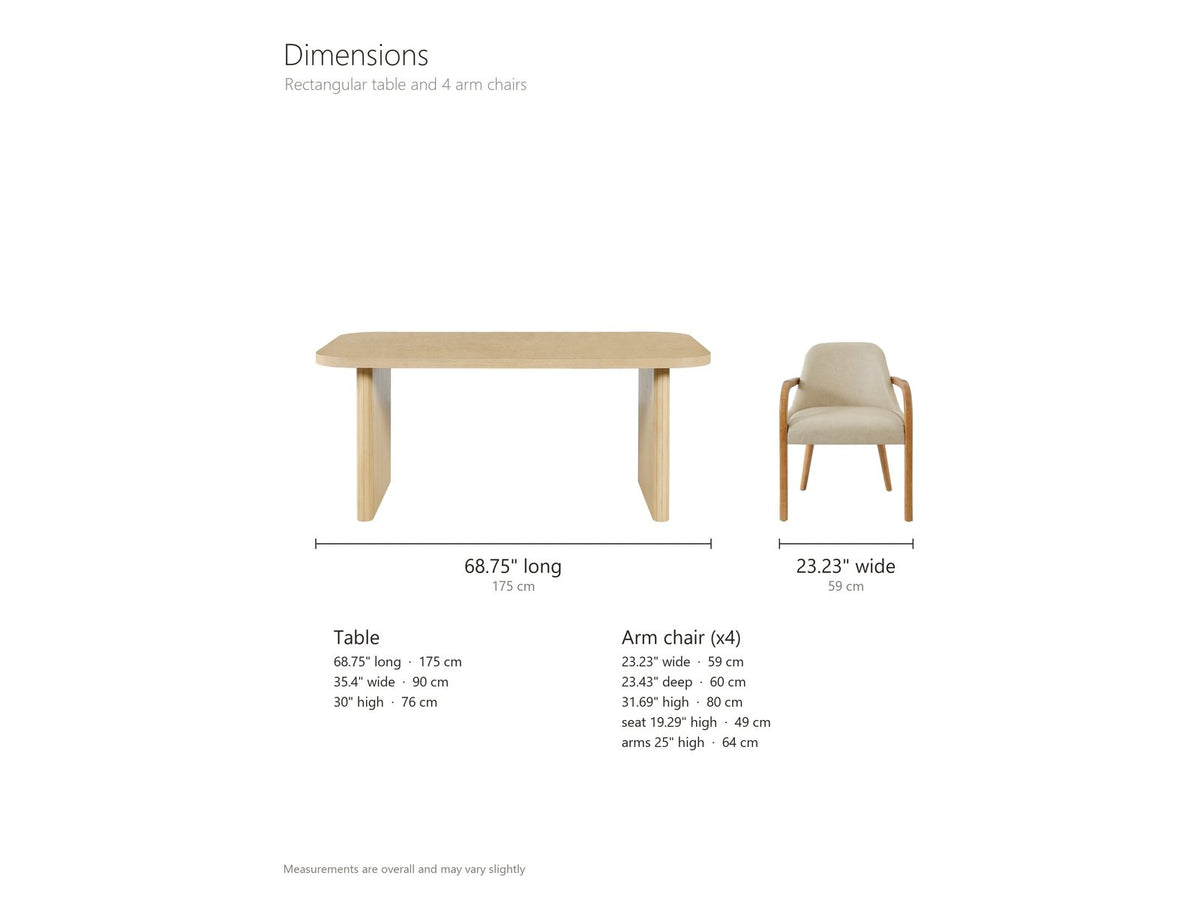 Cropani 69-Inch Rectangular Fluted Dining Set with 4 Arm Chairs dimensions: table 68.75 in long, 35.4 in wide and 30 in high; each arm chair 23.23 in wide, 23.43 in deep and 31.69 in high, seat 19.29 in high, arms 25 in high