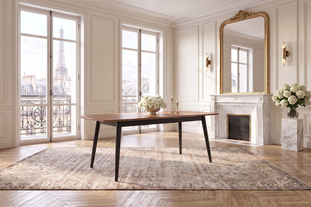 Crosia 63-Inch Rectangular Walnut Veneer Extending Dining Table in a Paris salon