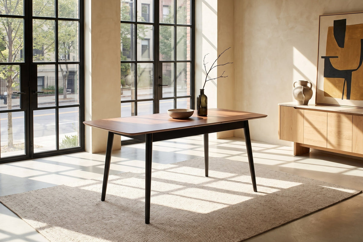 Crosia 63-Inch Rectangular Walnut Veneer Extending Dining Table in a city loft