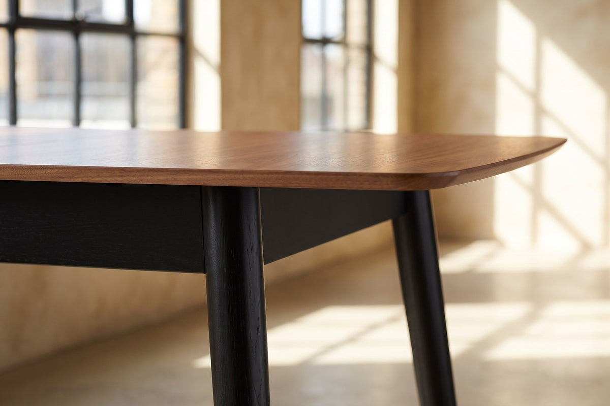 Close-up of the Crosia 63-Inch Rectangular Walnut Veneer Extending Dining Table: corner