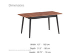 Crosia 63-Inch Rectangular Walnut Veneer Extending Dining Table dimensions