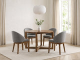Crucoli 47-Inch Round Walnut-Finish Dining Set with 4 Chairs in a bright plaster dining room with linen curtains