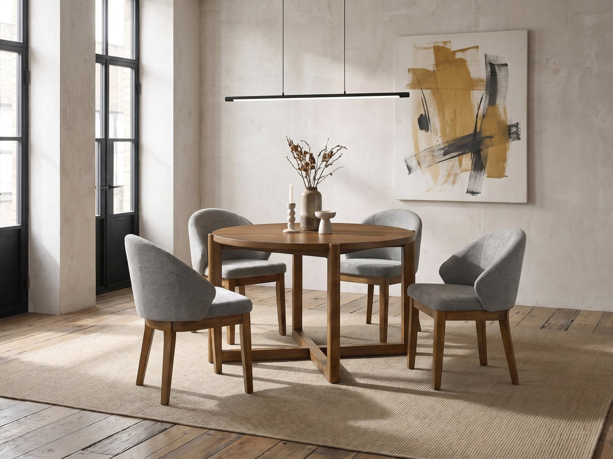 Crucoli 47-Inch Round Walnut-Finish Dining Set with 4 Chairs in an industrial loft dining area
