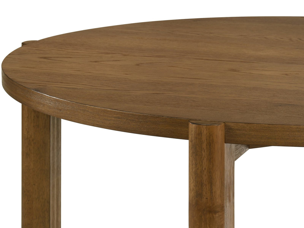 Close-up of the Crucoli 47-Inch Round Walnut-Finish Dining Set with 4 Chairs: a rounded walnut-finish leg set into the rim of the oak-grain top