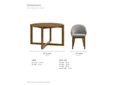 Crucoli 47-Inch Round Walnut-Finish Dining Set with 4 Chairs dimensions: table 47 in across and 30 in high; each chair 22 in wide, 23 in deep and 33 in high, seat 20 in high