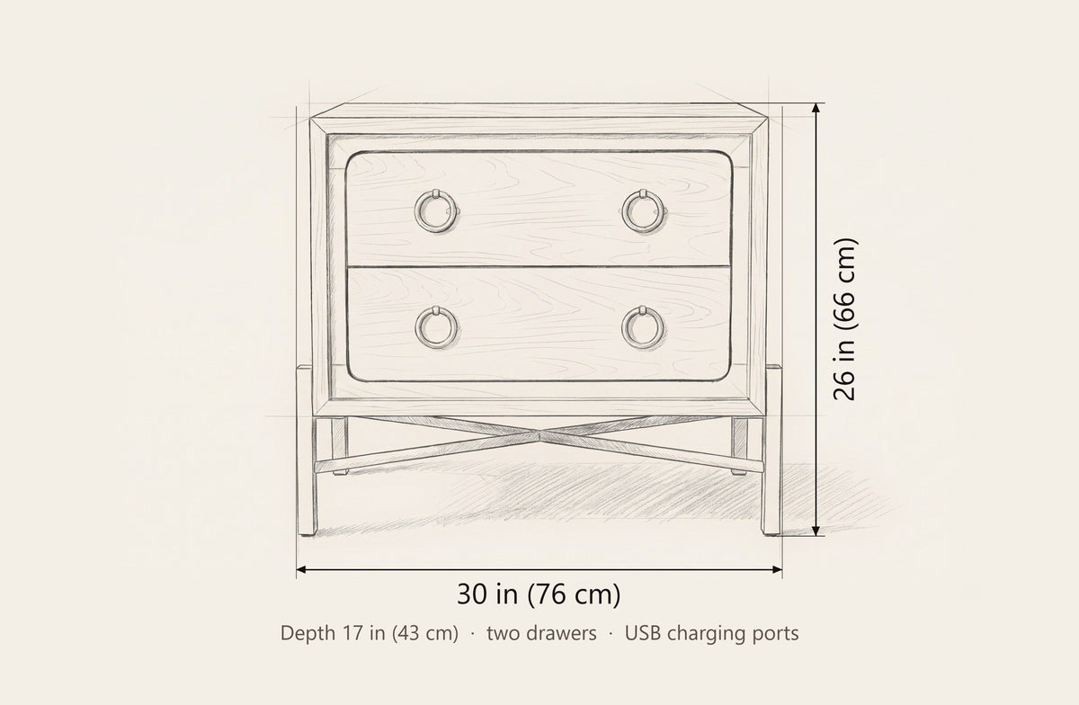 Cuglieri nightstand dimensions: 30 in wide, 26 in high, 17 in deep