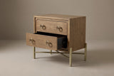 The Cuglieri nightstand with its lower drawer pulled open: a dark drawer box on a metal ball-bearing slide, and two antique-brass ring pulls on each drawer front