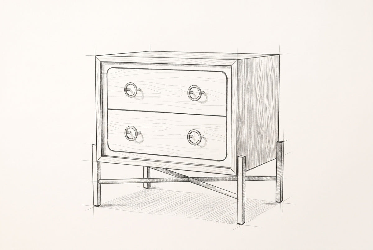 Pencil sketch of the Cuglieri nightstand, drawn from the same three-quarter view