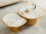 Cuneo 29-Inch Pebble Burl Veneer and Sintered Stone Coffee Table Set seen from above on a pale rug, the smaller table tucked under the edge of the larger one