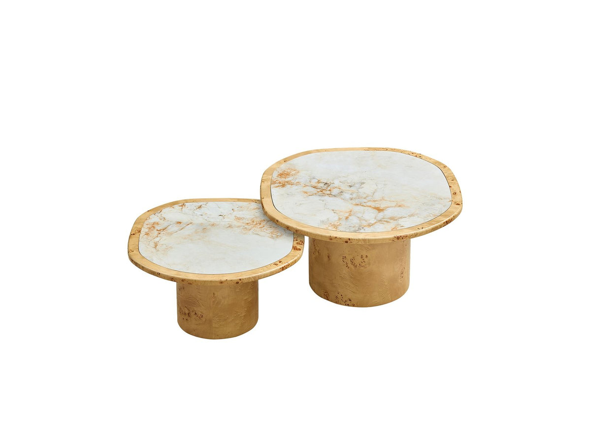 Cuneo 29-Inch Pebble Burl Veneer and Sintered Stone Coffee Table Set photographed on white: the two tables together, the smaller one tucked under the larger top