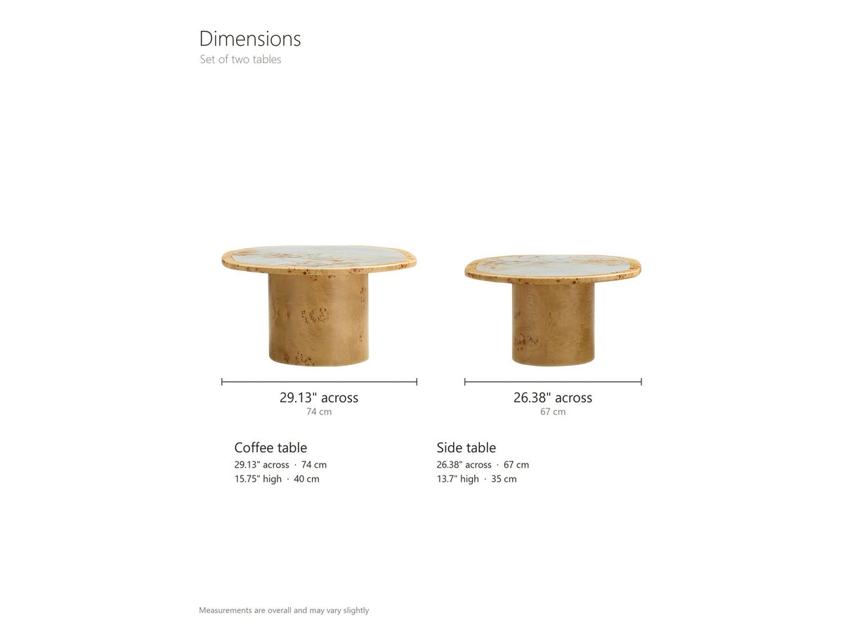 Cuneo 29-Inch Pebble Burl Veneer and Sintered Stone Coffee Table Set dimensions: larger table 29.1 x 27.6 in and 15.75 in high; smaller table 26.4 x 25.2 in and 13.7 in high