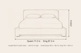 Cupello bed dimensions: Queen 71.5 in wide, King 87.3 in wide, both 86.8 in long and 23.8 in high, rails 9.5 in high