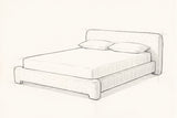 Pencil sketch of the Cupello platform bed with a mattress and two pillows, drawn from the same three-quarter view