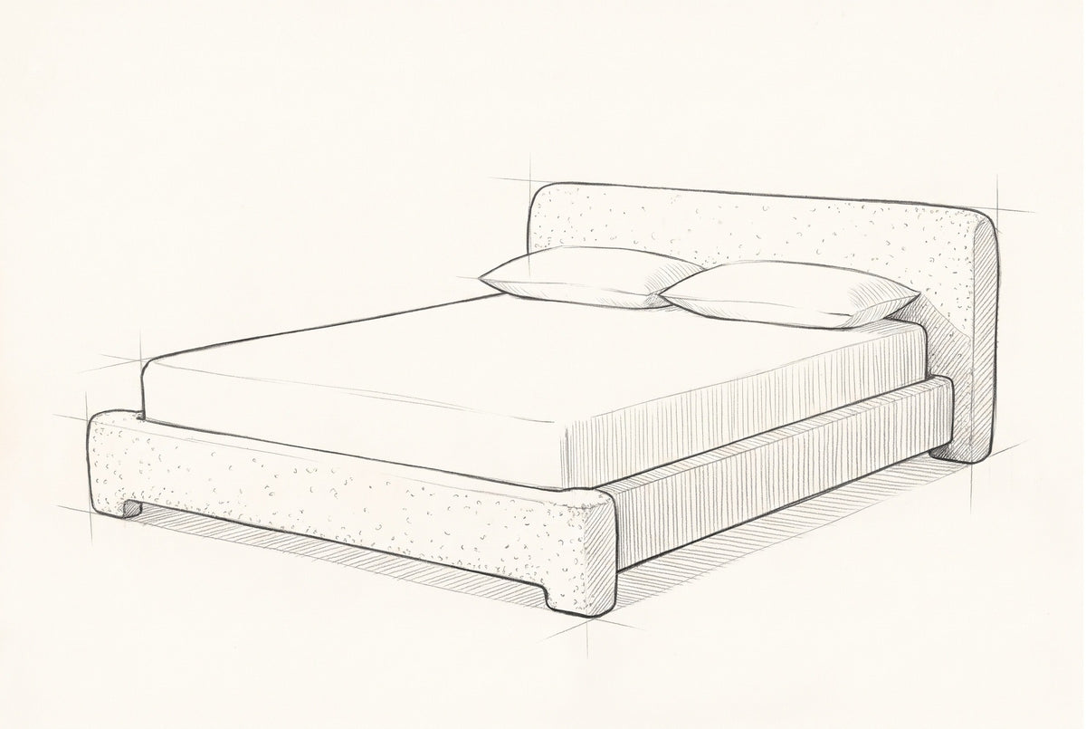 Pencil sketch of the Cupello platform bed with a mattress and two pillows, drawn from the same three-quarter view
