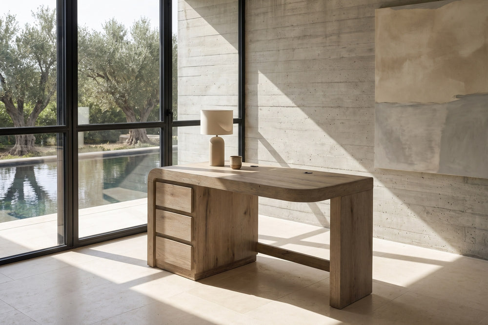 Curinga 58-Inch 3-Drawer Knotty Oak Veneer Waterfall Executive Desk in a sunlit villa study