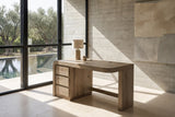 Curinga 58-Inch 3-Drawer Knotty Oak Veneer Waterfall Executive Desk in a sunlit villa study