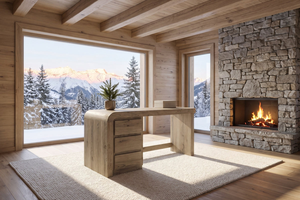 Curinga 58-Inch 3-Drawer Knotty Oak Veneer Waterfall Executive Desk in an alpine chalet